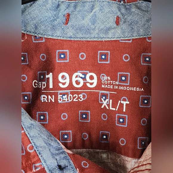 Gap 1969 XL Tall Red Geometric Heavyweight Button Down Shirt Cotton - Picture 6 of 7